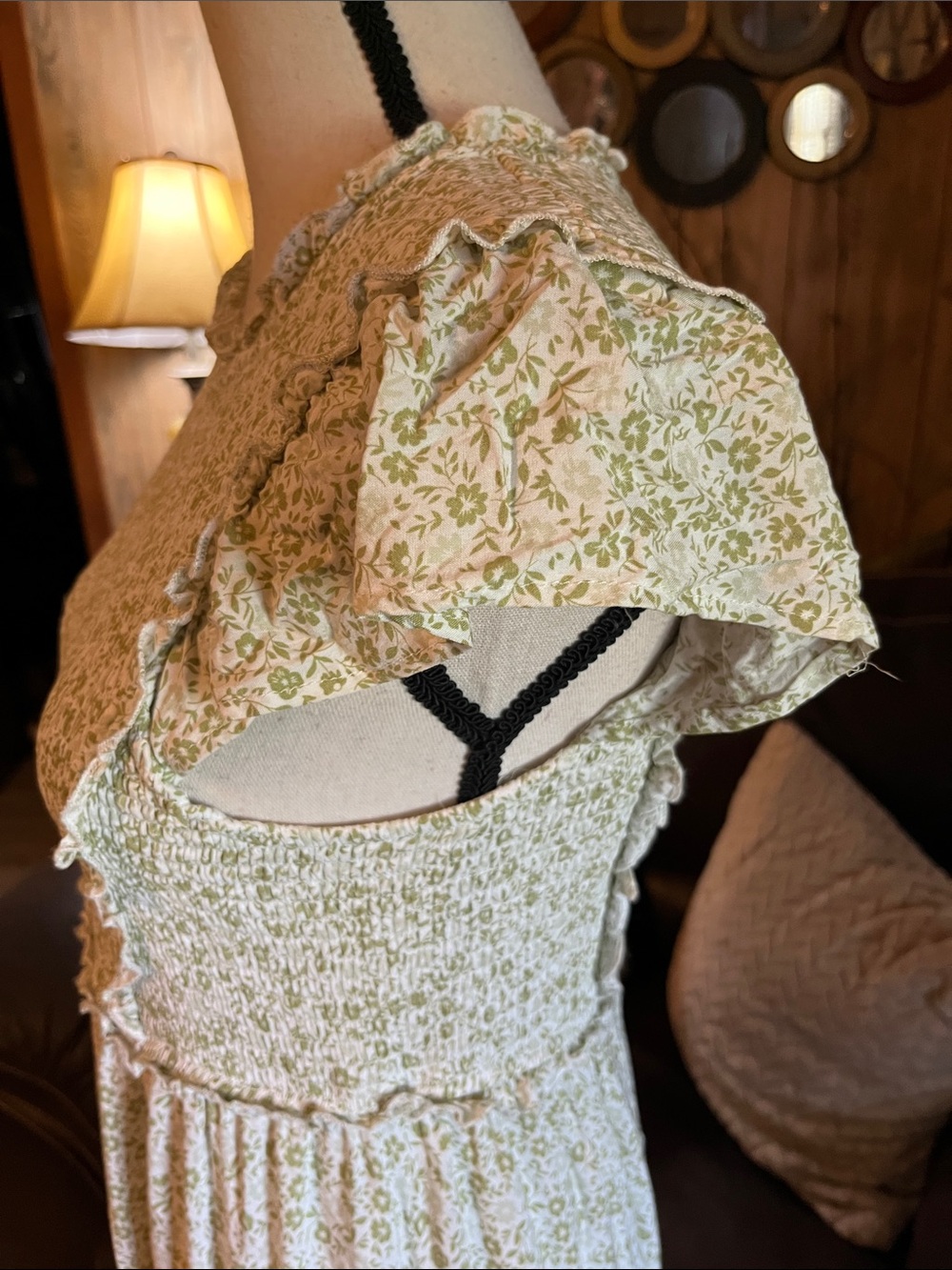 In Bloom Light Sage Floral Smocked Lined Maxi Dress Cottagecore Prairie Ditsy - Picture 5 of 10